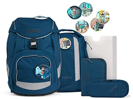 ergobag pack Set ergonomischer Schulrucksack, Schulranzen, Vorgänger-Kollektion, flexibel 6-teilig 1. Klasse Grundschule RobotBär - Blau