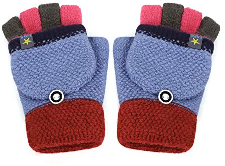 Kinder Halbfinger Handschuhe mit Flip Top Fausthandschuhe Strickhandschuhe Fünf Finger Fäustlinge Winterhandschuhe Gestrickte Fahrradhandschuhe, 3-10 Jahre alt (Hellblau-E, One Size)