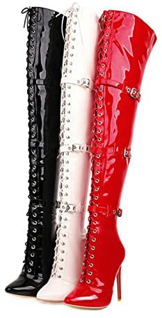 GAOword Stivali da Donna 15CM Stivali con Tacco Alto in Pelle Verniciata con Lacci da 8 Pollici Stivali sopra Il Ginocchio Scarpe da Ballo Sexy per Discoteca,Nero,42 EU