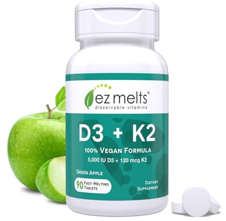 EZ Melts Dissolvable Vitamin D3 K2 5,000 IU, Bone & Joint Support, Sugar-Free, 3-Month Supply