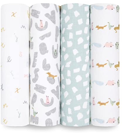 aden + anais Letters Swaddle Musselindecken, 100% Baumwolle, atmungsaktiv, für Babys, Mädchen und Jungen, Alphabet, niedlich und Tier, für Neugeborene und Kinder, 4 Stück