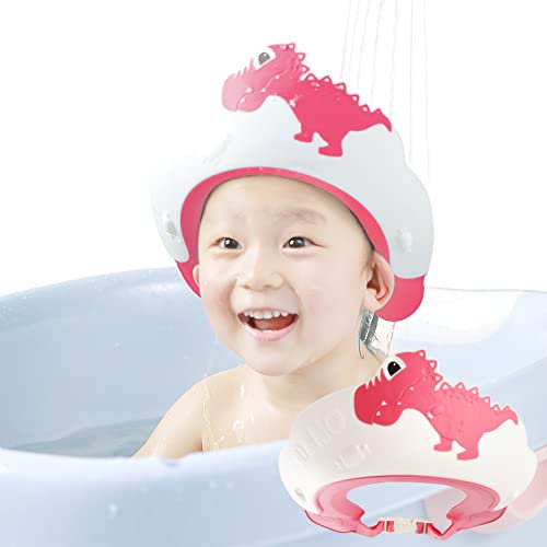 FUSACONY Duschhaube Kinder, Baby Verstellbarer Shampoo Schutz, Shampoo Bade Bad SchüTzen Weiche Kappe Hut, Kappe Wasserdicht Cap für Kinder 0-9 Jahre Jungen & Mädchen (Dinosaurier Rosa)