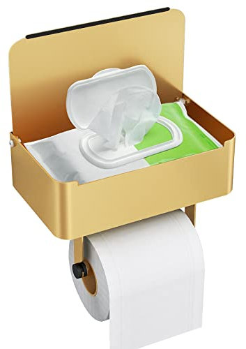JUYSON Toilet Paper Holder with Shelf, Flushable Wipes Dispenser Fits for Bathroom Wipe Storage, Keep Your Wipes Hidden Out of Sight - SUS304 Stainless Steel Wall Mount Organizer (Color Gold)