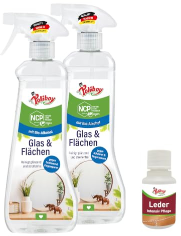 POLIBOY NCP Glas & Flächen Reiniger - Scheibenreiniger für schlierenfreie Oberflächen - 2x 500 ml - Mit Produktprobe - Made in Germany