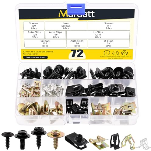 Mardatt 72Pcs Engine Under Cover Body Bolts Screws, Metal Trim Panel Spring Clips and U-Clip Kit, Auto Car Splash Shield Guard Body Bolts Fastener with Screws U-Nuts Trim Moulding Clip for Cars