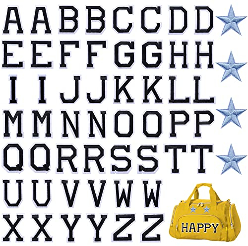56Pcs Iron on Letters Patches, Black Sew on Letter Patches Alphabet Embroidered Patch A-Z Badge Decorative Repair Patches Star Applique Letter Patches for Clothes, Dress, Hat, Jeans, DIY Accessories