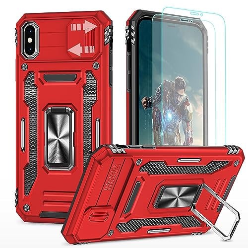 YmhxcY For iPhone X and iPhone XS Case With 2*PET Screen Protector, Slide Camera Cover,360° Rotate Metal Stand, For Apple iPhone X and Apple iPhone XS 5.8“-Red