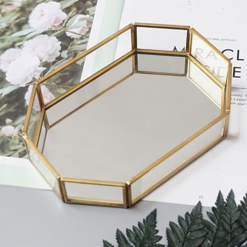 Soulnioi Gold Glass Mirrored Tray Polygon Decorative Tray Jewelry Perfume Organizer Makeup Tray for Dresser Tabletop Home Decor - 20cm