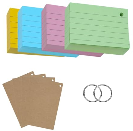 moinkerin Linierte Karteikarte 200 Stücke A6 Karteikarten Mehrfarben Lernkarten Flashcards mit 3 Binderingen 4 Kraftpapier Karteikarten für Büro Haus Schule Lernen