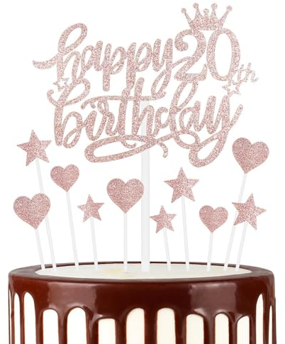 Happy 20th Birthday Cake Toppers, Rose Gold Cake Cupcake Toppers for Cake, Glitter Heart Stars Cake Toppers, Birthday Gift, Personalised Cake Toppers for Women Girls 20th Birthday Cake Decorations