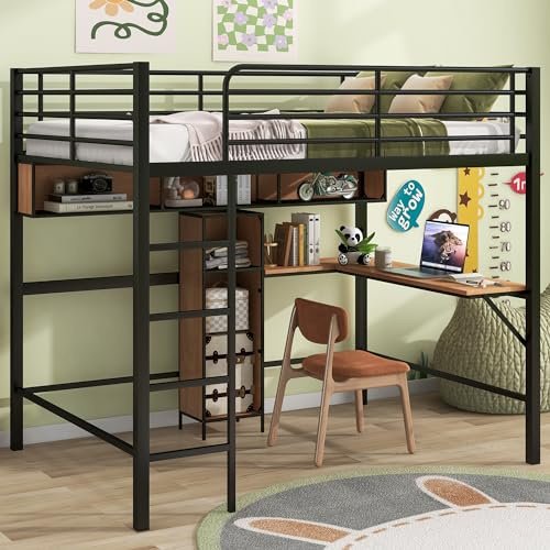 KTATK Twin Size Gaming Mid Loft Bed with Desk and LED Design,Bedroom Metal Bed Frame W/Slat Support & No Box Spring Required,Easy Assembly,for Kid Boy Girl Teens,Black