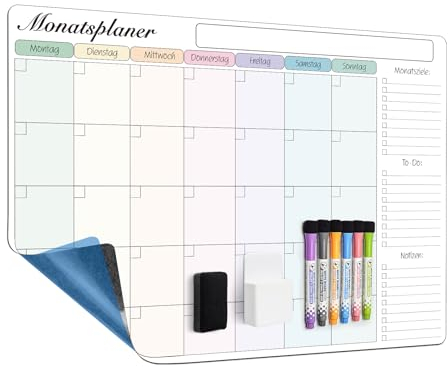MCCORL 60×40cm Whiteboard Monatsplaner/Wochenplaner Abwischbar Selbstklebend für die Wand, Glas und Holz(jede glatte Oberfläche) Planungstafel, Monatskalender, Memoboard auf Deutsch