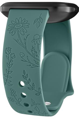 Wanme Gravé Floral Bracelets de Montre 20mm 22mm, Bracelets en Silicone Imperméables, Bracelet de Remplacement Réglable à Dégagement Rapide pour Homme Femme (Aiguille pin Vert, 20mm)