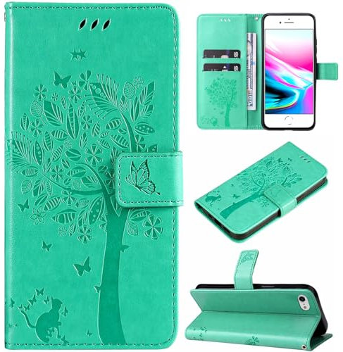 Hancda Case for iPhone SE 2022 / iPhone SE 2020 / iPhone 8 / iPhone 7 Leather Case Wallet Flip Cover with Card Holder Slot Design Pattern Magnetic Stand Strap Shockproof Phone Case Cover,Green