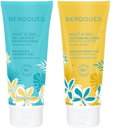 BERDOUES - Lot Gel douche Monoï et Tiaré 200 ml + Lait corps pailleté 200 ml. Made in France, Vegan, Solaire et Estival