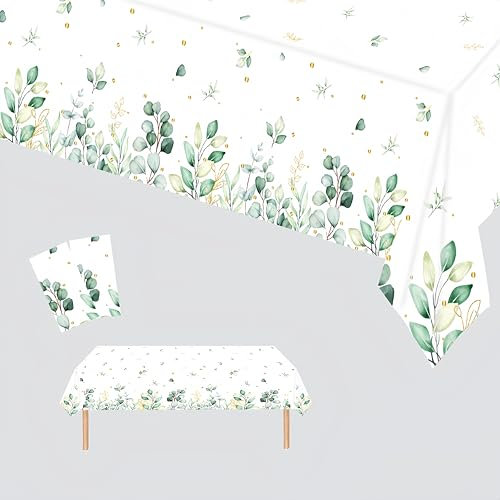 2Pcs Sage Green Party Tablecloth Decorations,137*274cm Baby Shower Table Cloth Eucalyptus Leaf Plastic Table Cloth for Birthday Baby Shower Bridal Shower Wedding Engagement Baptism Party Supplies