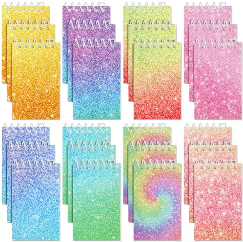 Glenmal Kleine Spiralnotizbücher, 9,9 x 6,1 cm, Prismen-Glitzer, Taschennotizblock, verschiedene Farben, Mini-Notizblock für Gastgeschenke, Geschenktüten, 20 Seiten je 20 Seiten (Farbverlauf), 24