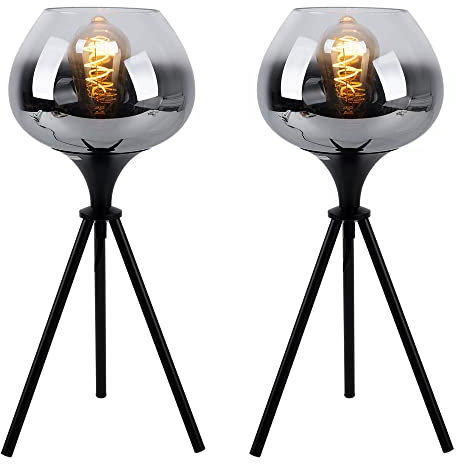 Tischlampe Beistellleuchte Nachttischlampe Moderne Leseleuchte Dreibein Rauchglas, Metall schwarz, 1x E27 Fassung, DxH 24x45 cm, 2er Set