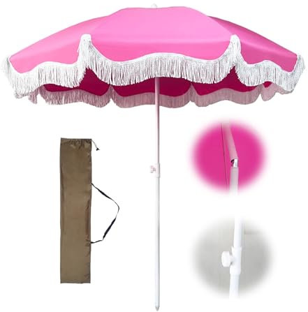 Srklnvcxel Rose Parasol Plage avec Frange Anti Uv50 Parasol De Jardin Extérieur 180 Cm Portable Parasol Inclinable Amovible Parasol De Terrasse 8 Côtes Parasol De Marché pour Vacances en Plein Air