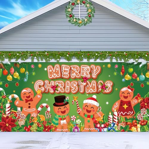Rossorha Décoration de porte de garage de Noël, bonbon en pain d'épices, bannière de porte de garage pour Noël, vacances, décoration murale extérieure, bannière de fête de Noël pour garage, 2,1 x 4,9