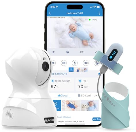 Babytone Baby Monitor - Intelligente Schlafsocke & HD-Kamera, Baby Oximeter, Track Herzfrequenz & Sauerstoffgehalt, Schrei/Bewegung erkennen, Zwei-Wege-Audio und 1080P Nachtsicht 2.4G
