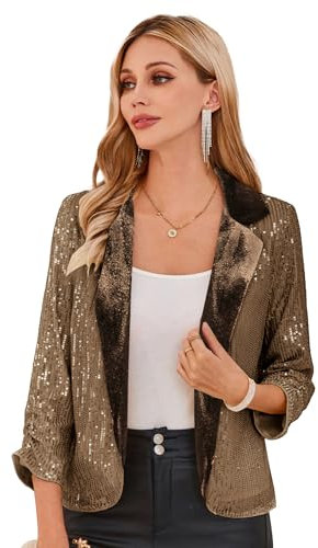 GRACE KARIN Damen kurz Leicht Jacke Mantel Blazer Business Casual Cropped Blazerjacke Open Front 3/4 Ärmel Strickjacke Cardigan XL Braune Pailletten