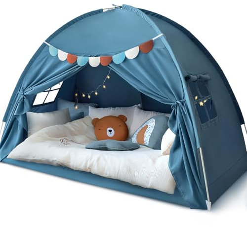 Razee Doppelbettzelt für Kinder, Doppelbett, Bettzelt, Innenbetthimmel, Sichtschutzzelt auf dem Bett, schlafen, zugiger Raum für Jungen, Blaue Jeansfarbe