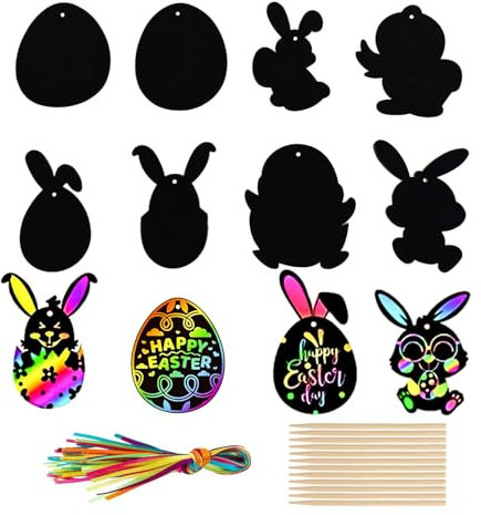 Bipl 36 Stück Ostern Kratzbilder, Ostereier Kratzbilder Kinder, Regenbogen Magie Ostereier, Ostereier Scratch Art Set, für Ostern Party Anhänger Dekoration DIY Handwerk