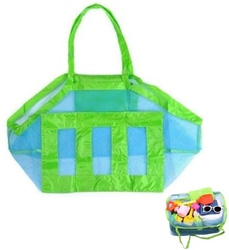OHREN Strandtasche XXL für Strandspielzeug Kinder, Sandspielzeug Tasche Faltbar, Netztasche für Urlaub, Schwimmbad, Familie, Aufbewahrung von Sandspielzeug und Zubehör (Blau Mesh/Grün Strap)