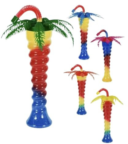 Novelty Palm Tree Slush Yard Cup 350ml (12oz) – Transparent Spiral Cups with Multi-Color Lids & Straws | Pack of 170 Cups | Perfect for Slush, Ice Drinks, Cocktails & Mocktails