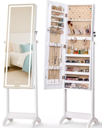 LUXFURNI freistehender Schmuckschrank mit LED‑Ganzkörperspiegel | 3‑LED‑Farblichter,3 Pinselhalter,3 neigbare Neigungswinkel,wahrheitsgetreues Glas,USB‑Stromversorgung,verschließbares Design