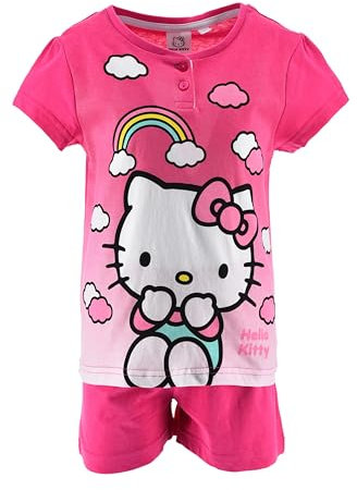 Volcano Pigiama Estivo Adatto Hello Kitty per Bambina, Set 2 Pezzi con T-Shirt e Pantaloncini, Motivo Arcobaleno (IT, età, 6 Anni, Regular, Fucsia)