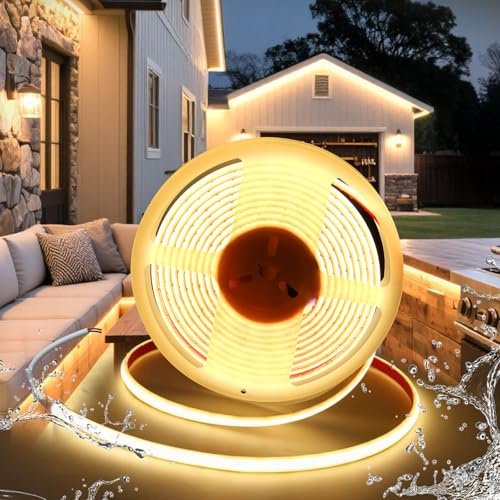 BRIMETI LED Streifen 5M Strip 12V COB Selbstklebend 5M Wasserdicht IP68 Warmweiß 3000K 320LEDs/m 10mm Breite,Flexibel Silikon LED Band licht für TV, Schlafzimmer Beleuchtung (ohne Netzteil)
