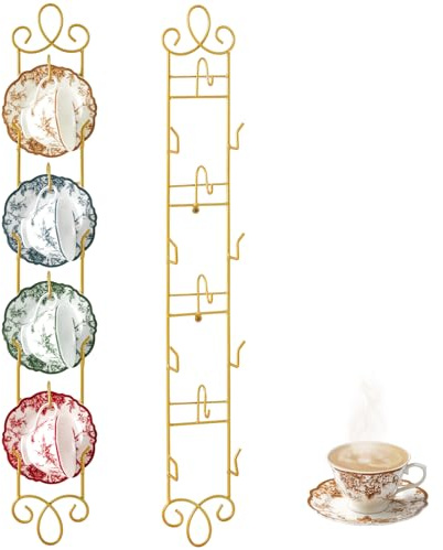 Blulu 2 Pcs Wall Mounted Tea Cup & Saucer Display Rack 4 Tiers,Gold | 36 x 5 Inch Vertical Metal Mug & Plate Hanger for Wall, Farmhouse Decorative Holder for Kitchen Tearoom Restaurant Office