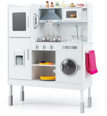 COSTWAY Wooden Kids Play Kitchen, Height Adjustable Pretend Cooking Playset with Light, Sound, Toy Telephone, Ice Maker & 16 PCS Accessories, Children's Chef Role Play Set for Boys Girls (White)