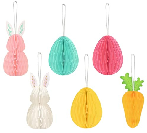 KLINNA 12 Stück Ostereier Deko zum Aufhängen, Papier Wabenbälle Set inkl. Kaninchen Karotte, Wabeneier Ostern Dekoration für Osterstrauch für Innen und Draußen Deko Frühling, Frühling Design