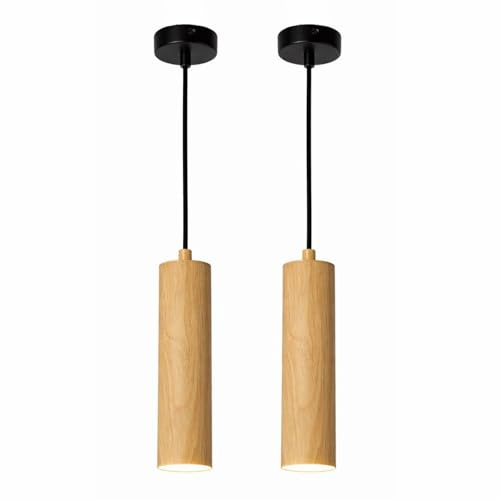 Alpinaluz Lámpara Colgante Tubular de Aluminio para Techo, Diseño Moderno y Minimalista de 20 cm con Casquillo GU10 y Cable Textil de 120 cm (Pack de 2 Madera)