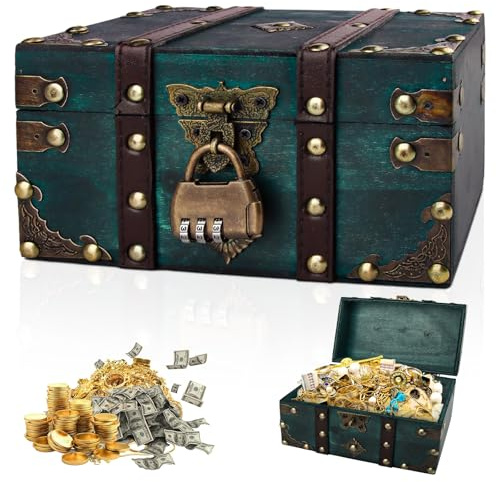 Szhhrxi Vintage Schatztruhe aus Holz mit Schloss - Piraten Schatzsuche Kiste für Aufbewahrung, Kindergeburtstag Dekoration & Sparschwein - Schatzkiste Kinder Klein (18 x 11 x 10cm) (Grün)