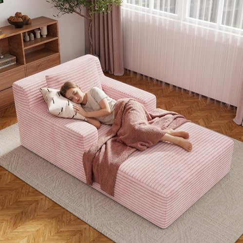 Aivermeil Boneless Couch Modernes Cord Bodensofa mit Schlaffunktion – Cloud Sofa mit Chaiselongue, 1 Kissen, Bequeme Sofa Couch für Wohnzimmer, Keine Montage erforderlich, Rosa, 160 * 105 * 72