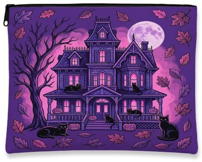Tela Haunted House con cerniera, fantasiosa tela gotica con gatto luna, Halloween, viola, con cerniera, per donne, per viaggi, toeletta, bagno, borsa e uso quotidiano, Viola, 7x9 Inch, Capriccioso