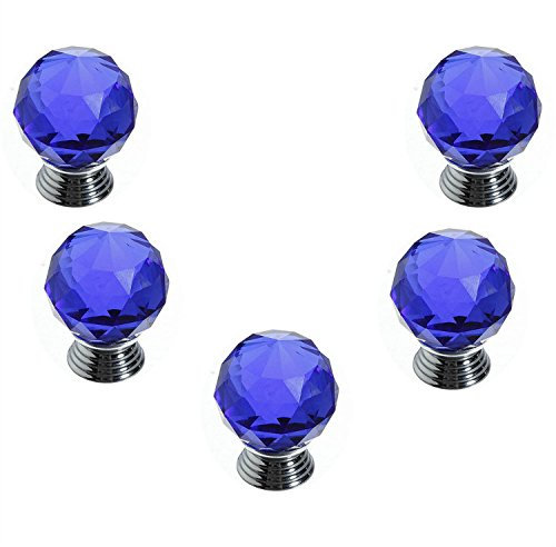 FBSHOP(TM) 40MM 5PCS Blue Round Crystal Cabinet Knobs-Diamond Shape Wardrobe Door Knobs/Cupboard Drawer Pull Handle/Clear Glass Dresser Knobs,Come with Screws