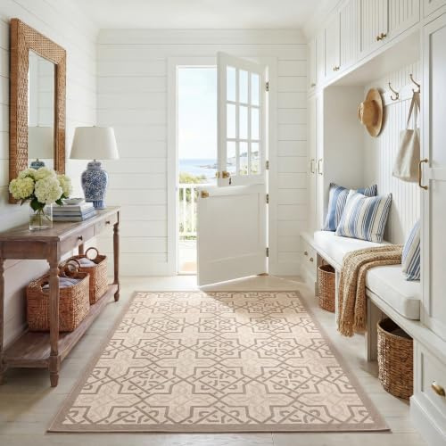 SAFAVIEH Washable Rug Outdoor Courtyard Collection - 4' x 5'7, Beige & Dark Beige, Non-Shedding & Easy Cleaning, Ideal for Patio, Backyard, Mudroom (CY7931-79A21)