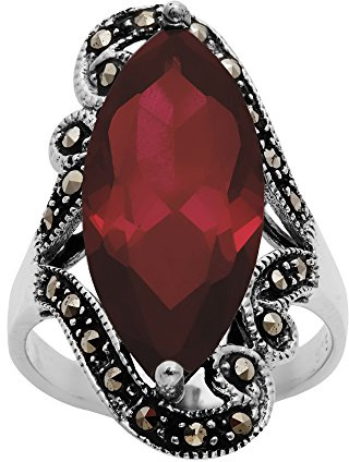 Silverly Großer Roter Marquise-CZ-Ring aus 925er Silber mit Markasit-Filigran | Kuppelring im Jugendstil-Vintage-Stil der 20er Jahre | Viktorianischer Gothic-Schmuck mit Zirkonia für Damen