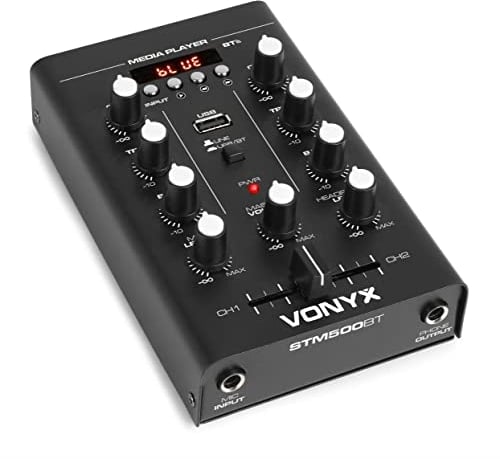 Vonyx STM500BT Mezclador 2 canales, Bluetooth, Reproducción de MP3 con USB, Display, entrada de micrófono, salida de auriculares, chasis de metal resistente, color negro
