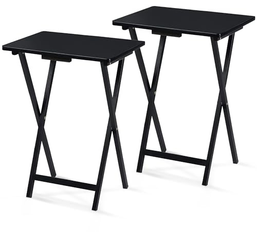 PJ Wood Fully Assembled Small Lightweight Adjustable and Portable TV Tray Table with Collapsible Storage Rack, Black (2 Pack)