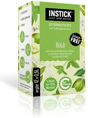 INSTICK Bevanda istantanea senza zucchero (Hugo fiori di sambuco, menta e lime) - 1 confezione per 12 x 0,5-1 L - Polvere per bevande vegane a basso contenuto calorico e vitamina C