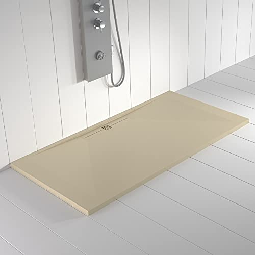 Shower Online Plato de ducha Resina WIDE - 90x110 - Textura Pizarra - Antideslizante - Todas las medidas disponibles - Incluye Rejilla Color Crema y Sifón - Crema RAL 1015