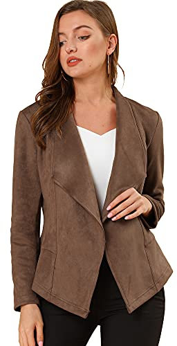 Allegra K Giacca da donna Moto in finta pelle scamosciata leggera aperta sul davanti con risvolto drappeggiato Outwear Cardigan, Marrone chiaro, 40