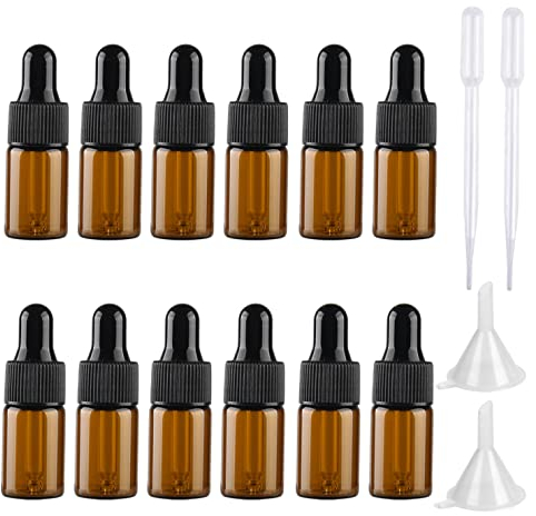 LusDoly 12 Piezas 3ml Frascos Cuentagotas de Vidrio Marrón Mini Botellas de Aceite Esencial Envase Cosmético Muestra Embalaje Frasco Tarro con Cristal Cuentagotas