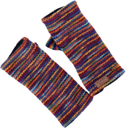 Handstulpen, Handgestrickte Wollstulpen, Pulswärmer aus Nepal, Regenbogen | Reine Schurwolle, gefüttert mit weichem Fleece, optimaler Sitz, extra Daumen, unisex, ideal für kalte Tage.